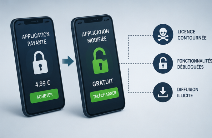Illustration représentant la diffusion non autorisée d'applications et logiciels modifiés, le contournement de licences et la protection juridique des logiciels par le droit d'auteur.